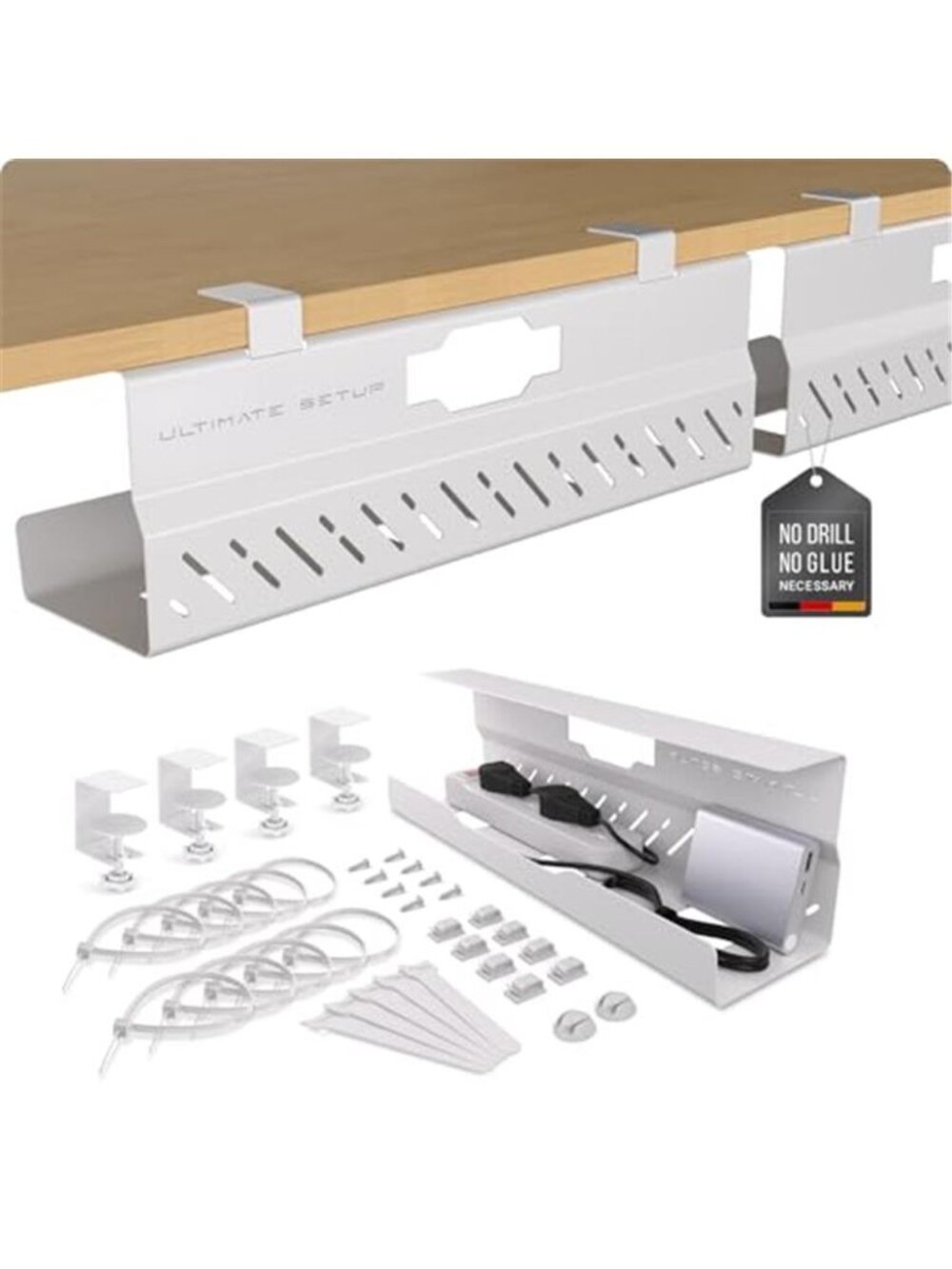 Under Desk Cable Management Tray No Drill Wire Organizer White 2 Pack Set